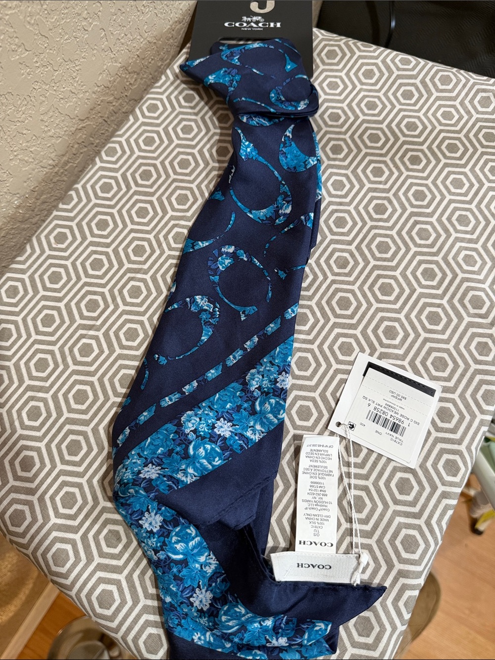 Coach Navy Tie with Blue Floral and Script Motif